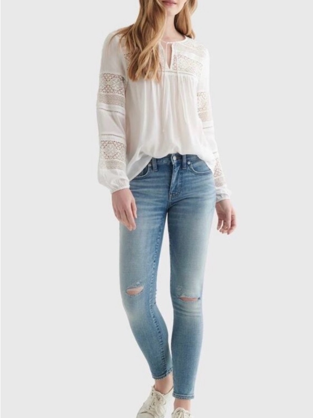 Lucky Brand White Lace Inset Peasant Top - Picture 2 of 7